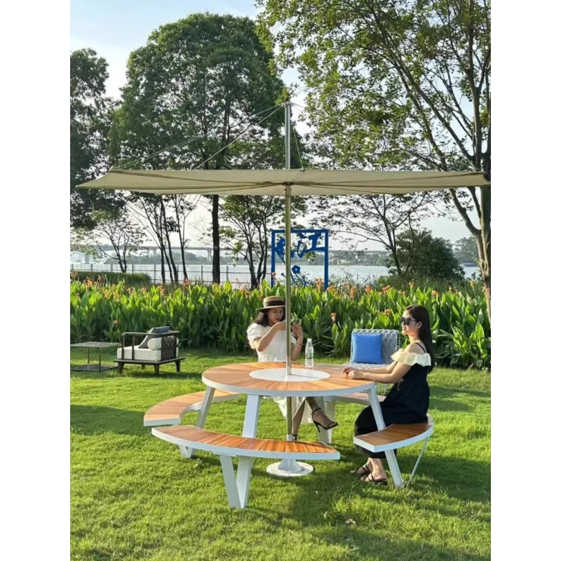 Outdoor stainless steel aluminum alloy table and chair set, one-piece long table, casual wrought iron, open-air garden