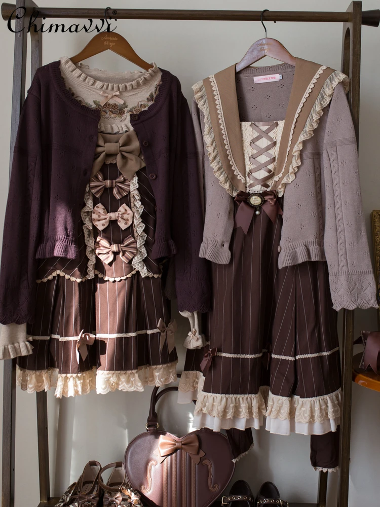 موضة الجولة الرقبة لوليتا سترة قصيرة 2025 الخريف ملابس جديدة الحلو فتاة طويلة الأكمام الرجعية لطيف محبوك سترة للنساء