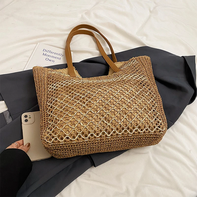 Summer Beach Vacation Grass Woven Bag for Women\'s 2024 New Commuter Shoulder Bag Hollow Woven Tote Bag