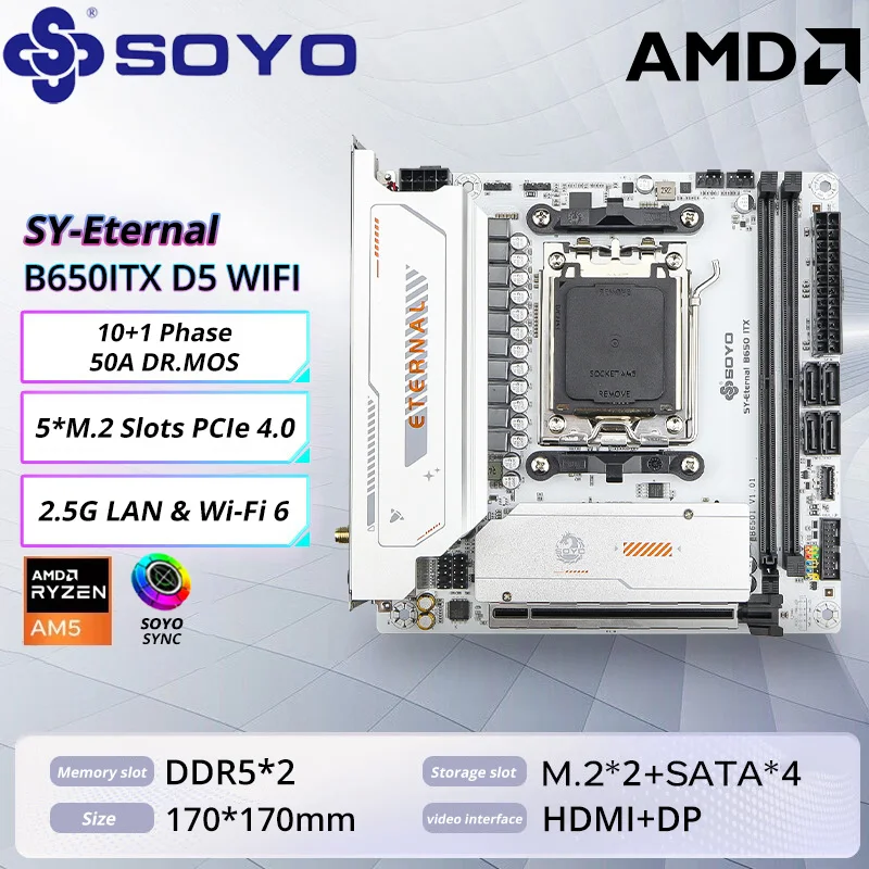 

SOYO B650MITX Motherboard B650M Support AMD Ryzen AM5 DDR5 4800/5200/5600-8000 (OC+) Memory Pcie5.0x16 2*M.2 Pcie4.0 ARGB WIFI6