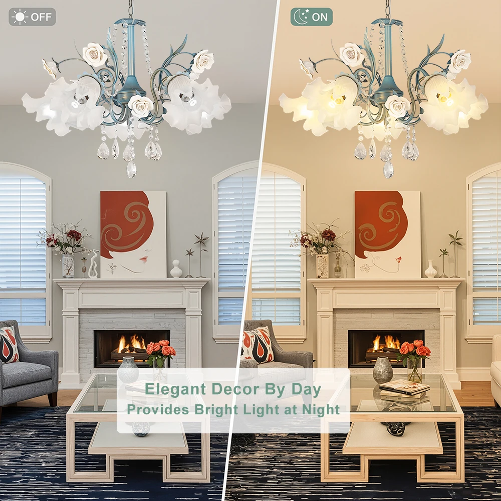 Nordic Luxury Flower Chandelier For Kitchen Table Living Room Bedroom Blue Iron Pendant Light With K9 Crystal Ceramic Roses