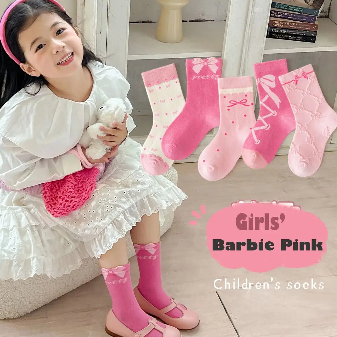 Barbie bowknot padrão meias das meninas, meias de algodão do bebê, bonito, médio, rosa, mais novo, outono