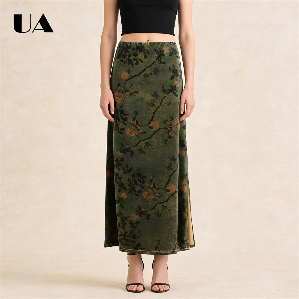 Ulbyanry elegante na moda saia de veludo outono retro floral cintura alta emagrecimento saia longa vintage elegância saias