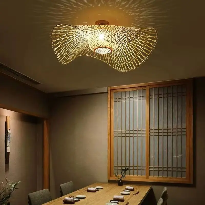 

Hand Knitte Bamboo Art Ceiling Chandelier light Restaurant Creative Indoor Ceiling Hanging Lamp E27 Home Decor Lighting Fixtures