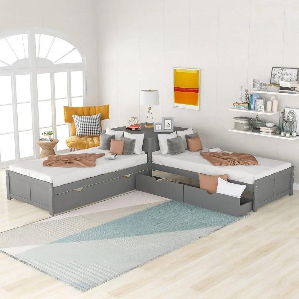 Gray L-Shaped Platform Bed Frame with Trundle and Drawers Linked with Built-in Desk for Kids Boys Girls, Twin