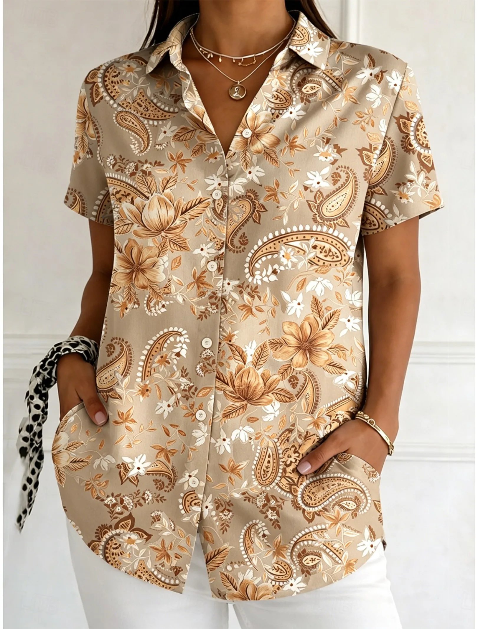 

Women's Short Sleeve Paisley Floral Print Button Down Casual Shirt Elegant Daily Blouse Tops in Beige for Spring Summer