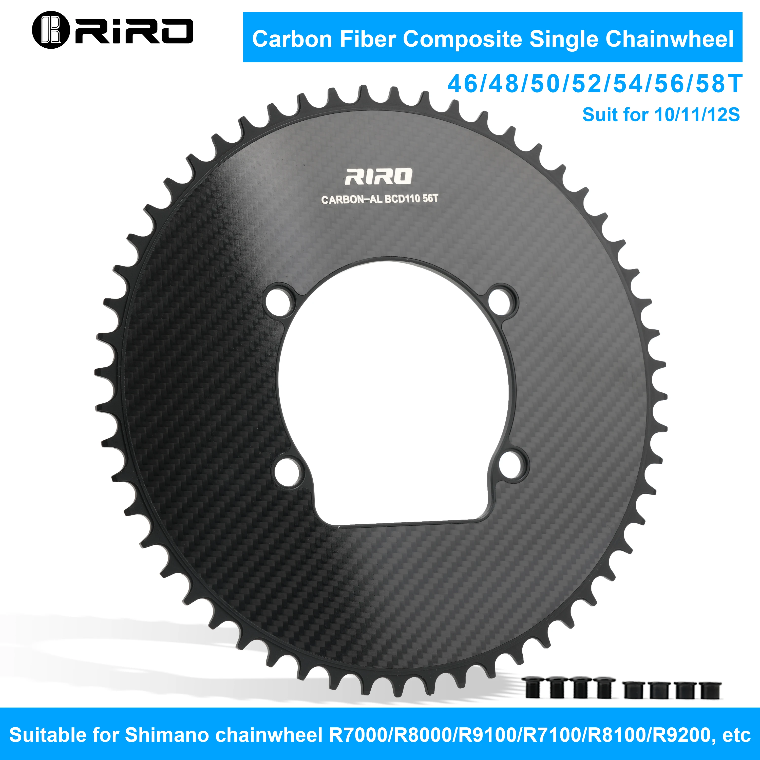 RIRO Carbonfaser 110BCD Kettenblatt für R7000 R8000 R9100 R7100 R8100 R9200 Rennrad-Kettenblatt 46T 48T 50T 52T 54T 56T 58T