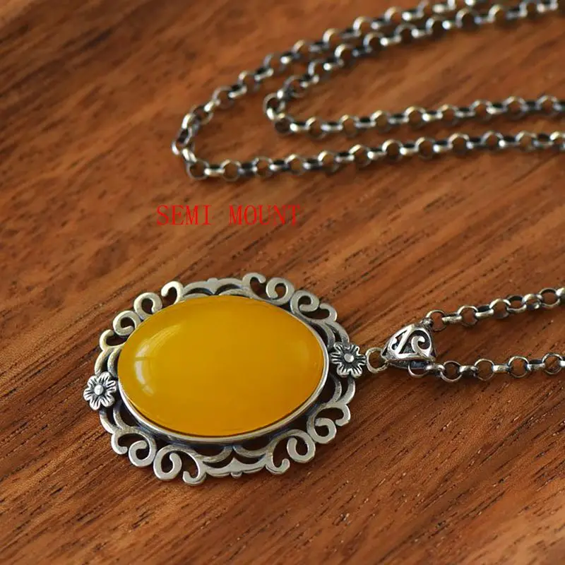 Filigree Flower Semi Mount 925 Sterling Silver Pendant for 18x25mm Oval Cabochon Gemstone Fine Jewelry Setting