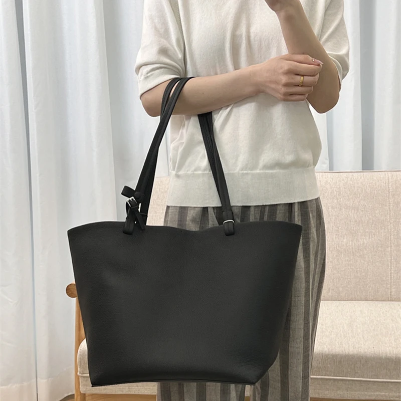 Donna-in Top Layer Cowhide Tote Bag Genuine Leather Large Capacity Shoulder Bucket Bag Full Grained for Casual Commute