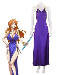 Vestido morado de una pieza de Anime Nami, disfraz de Cosplay de Anime, traje Sexy para mujer, vestido morado ajustado con abertura, traje de fiesta de Carnaval y Halloween