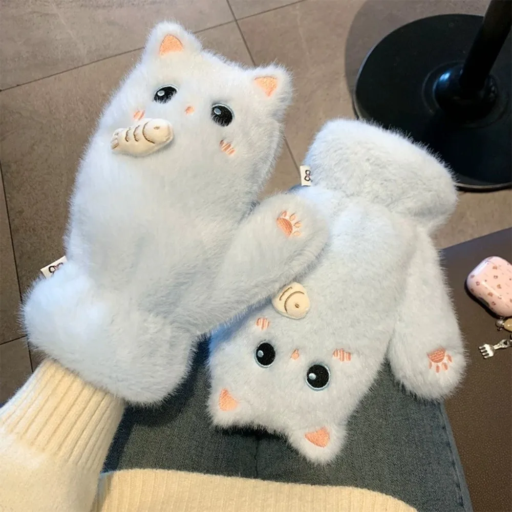 Polyester Fleece Lined Fluffy Full Cover Mitten Gloves Fish Pattern Full Coverage Thick Warm Gloves Cute Cat Gloves For Women