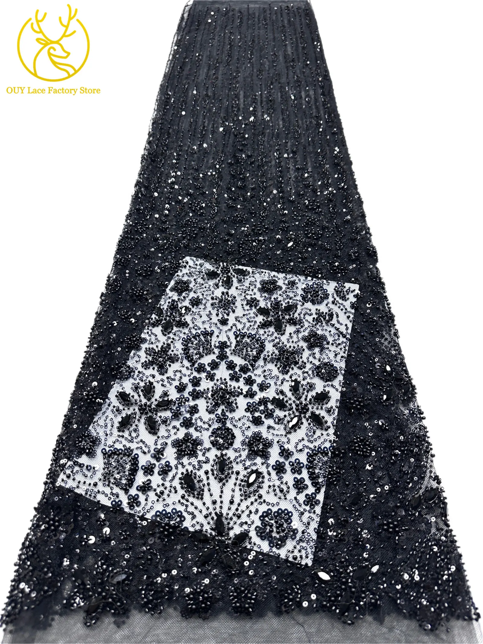 2026 Luxuriöser französischer Mesh-Spitzenstoff mit Perlen und Steinen, marineblau, afrikanischer nigerianischer Edelstein-Pailletten-Spitzenstoff zum Nähen von Hochzeitskleidern – Detail 25
