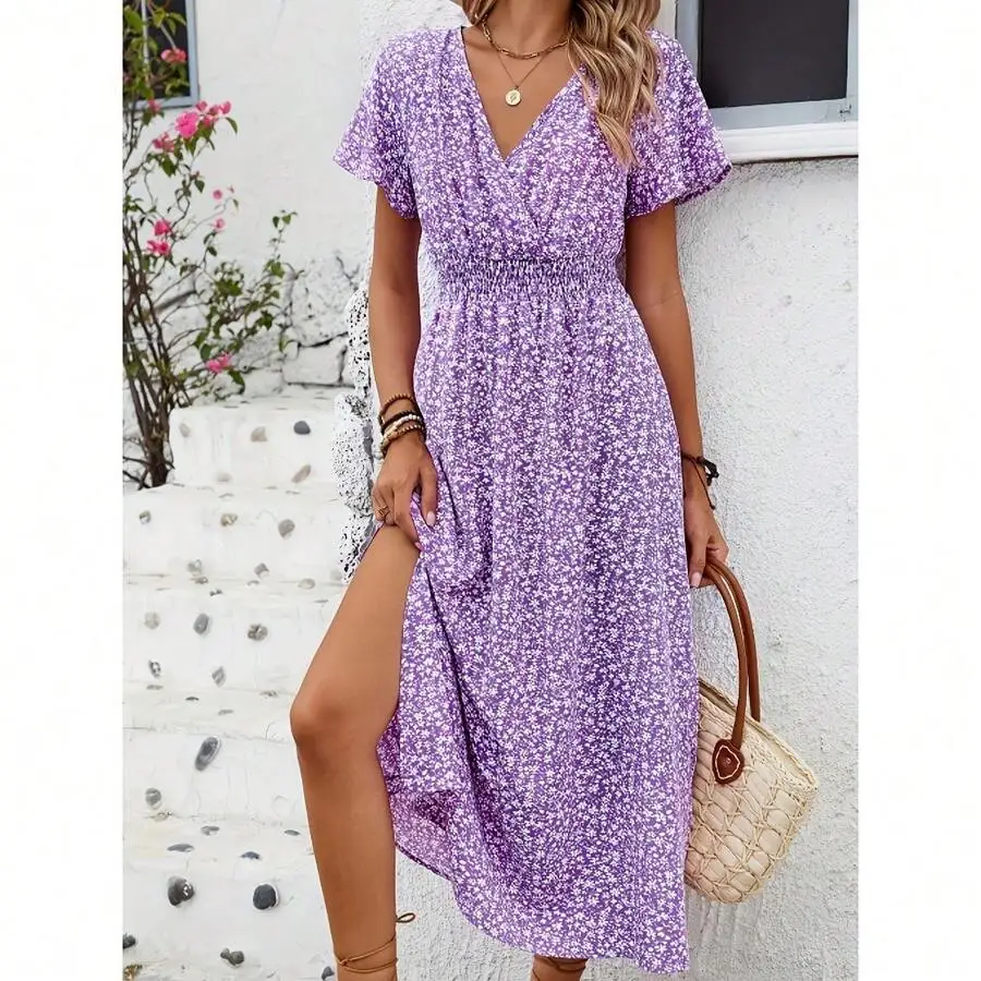 

Purple Floral Print V-Neck Short Sleeve Maxi Dress With Thigh High Slit