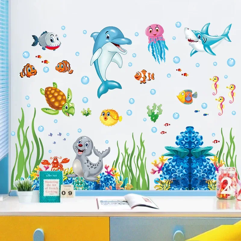 

Cartoon Wall Stickers Underwater World Shark Whale fish Seagrass Kids Room Bedroom Living Room Waterproof PVC Decals Poster