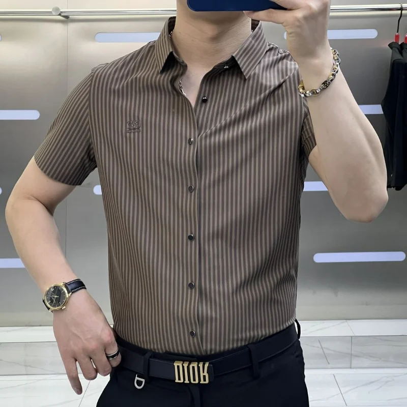 Summer Light Fashion Trend Smart Casual Temperament Versatile Short Sleeve Shirt Men\'s Lapel Button Embroidery Print Striped Top