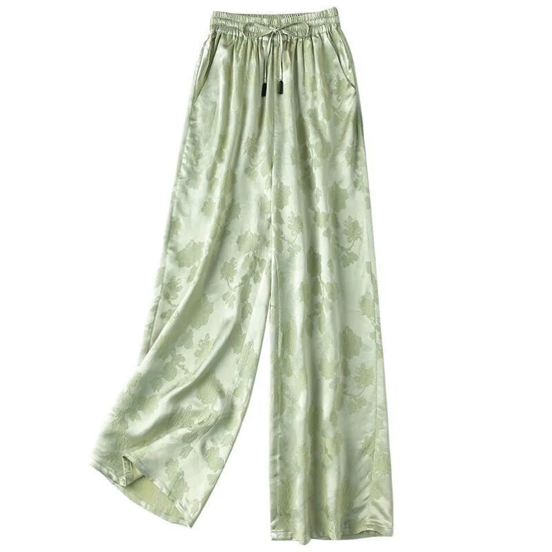 لينة عادية الحرير الساتان النساء السراويل زهرة الجاكار بنطال ذو قصة أرجل واسعة تنوعا فضفاض مرونة الخصر بنطلون الصيف