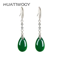 Fashion Earrings Silver 925 Jewelry with Green Agate Gemstone Ethnic Style Drop Earrings for Women Mother Wedding Party Gift