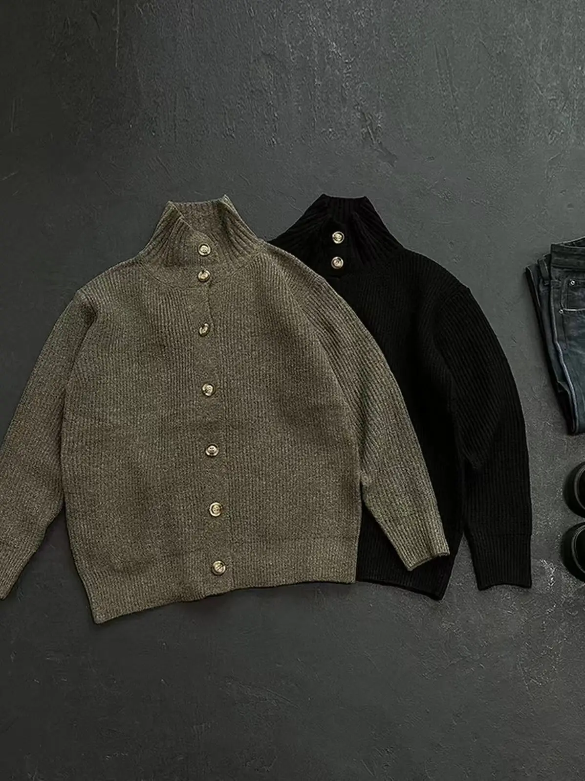 

Ретро американский винтажный вязаный кардиган на пуговицах с высоким воротником, мужской осенне-зимний повседневный универсальный свитер, свободный крой, длинный све