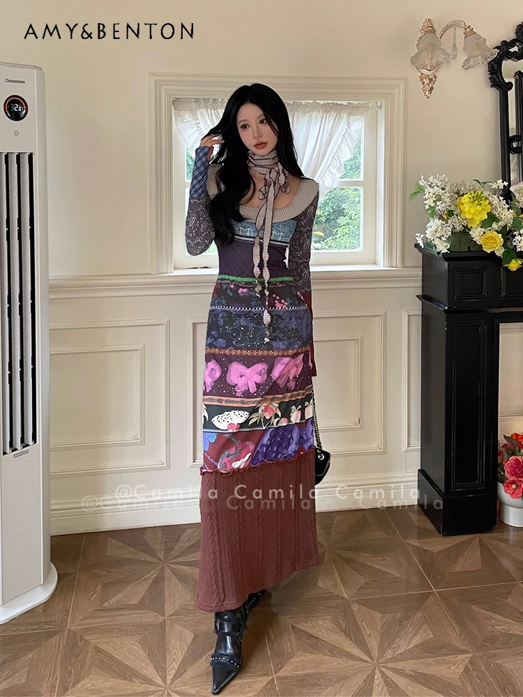 

2025 Autumn Winter New Women's High-end Design Sense Printed Patchwork Slim Long Sleeve Large U-neck Red Pink Long Dress