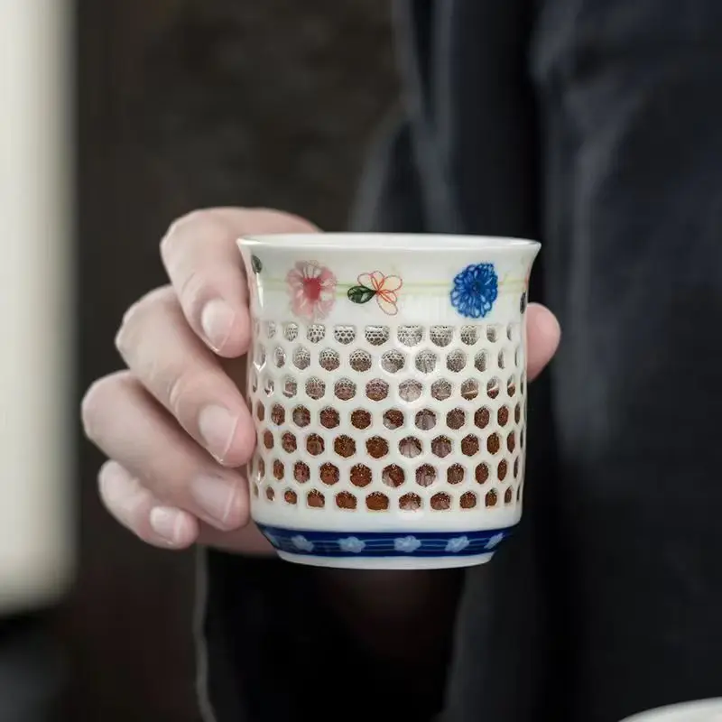 Crystal Hollow Tea Cup White Ceramic Teaware Blue Porcelain Teacup Kung Fu Tea Set Gifts Drinkware Water Cup Puer Tea Bowl