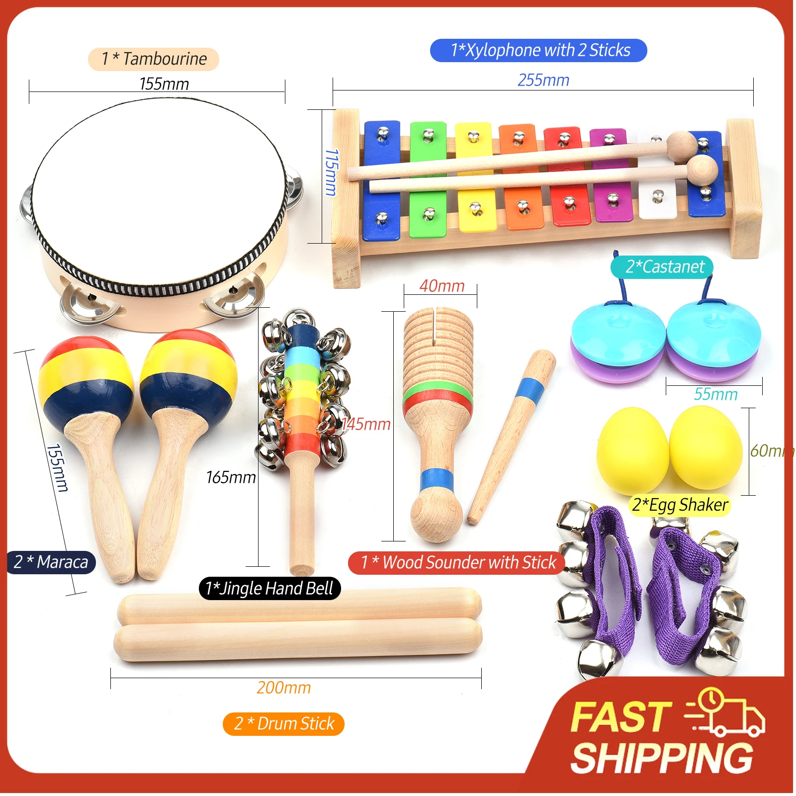 

13 шт. детских музыкальных инструментов с сумкой для переноски, красочные деревянные ударные инструменты, подарки на день рождения для раннего развития