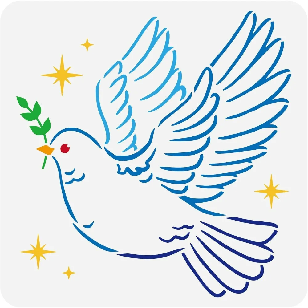 Dove of Peace stensil 11.8x11.8 inci lukisan merpati perdamaian stensil plastik Cabang bintang zaitun pola stensil dapat digunakan kembali