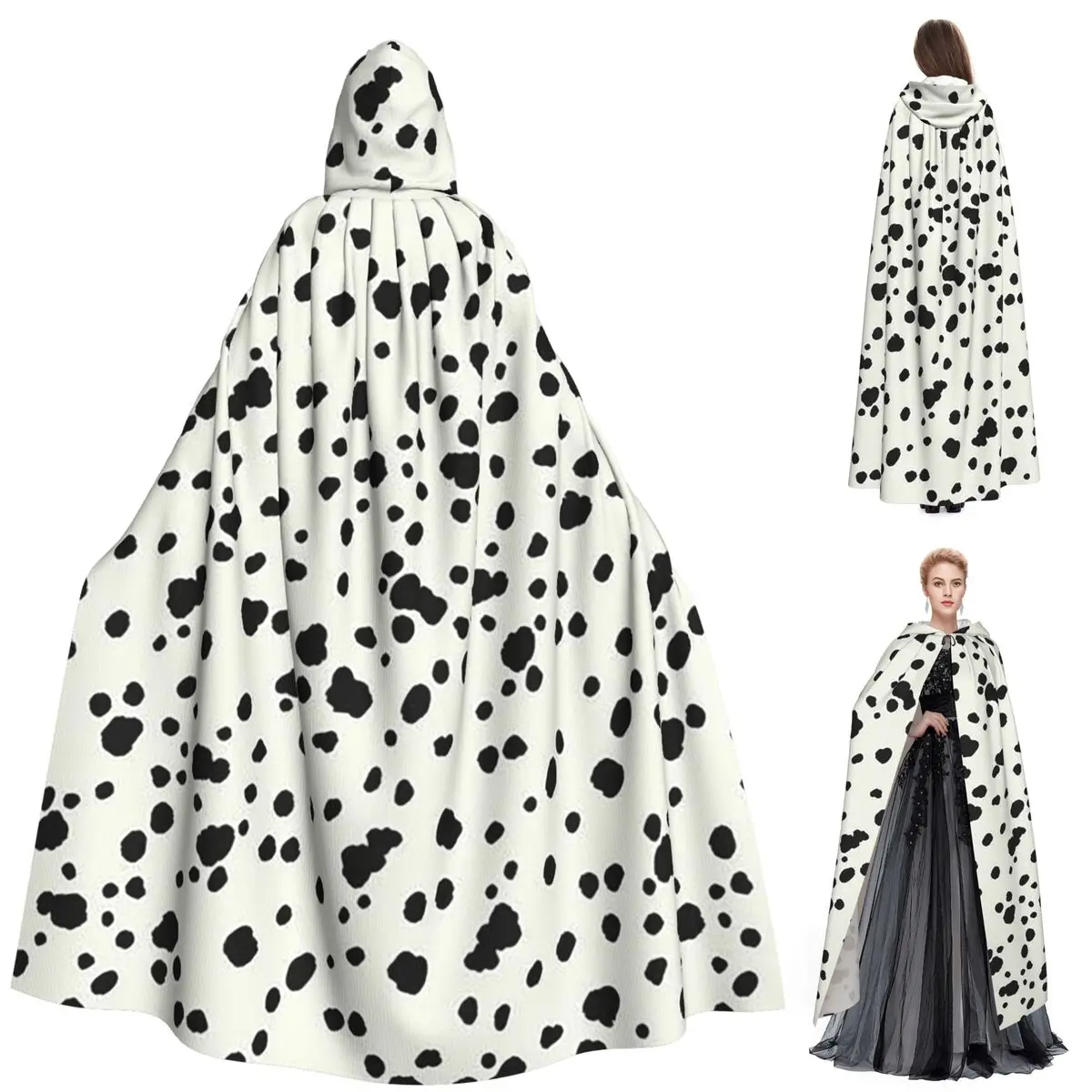 Capa longa com capuz com textura de cachorro dálmata, fantasia medieval de bruxa, capa cosplay, halloween, vampiro, adulto, unissex