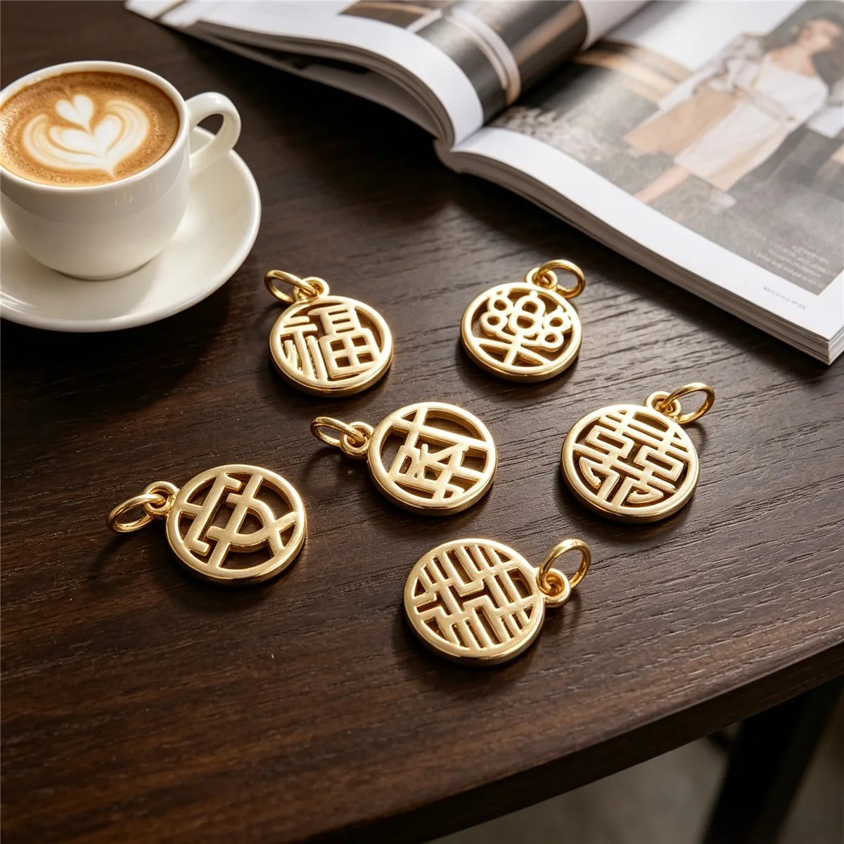Round Fu Tag Charms Brass 14K Gold Plated Anti‑tarnish Blessing Joy Wealth Peace For DIY Bracelet Jewelry Findings
