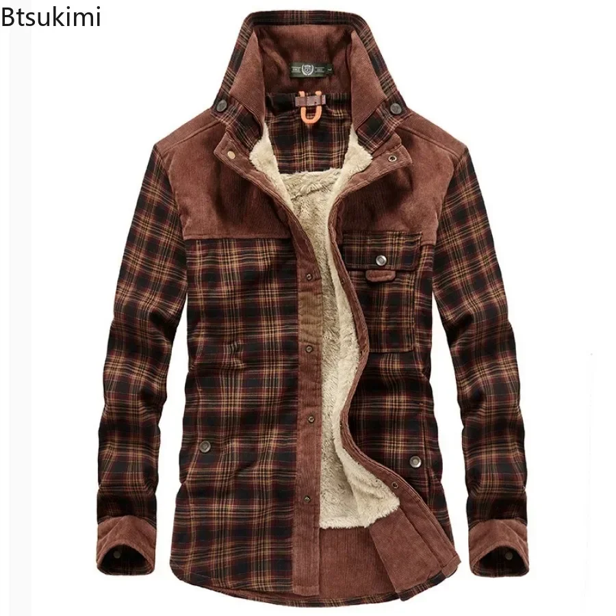 2024 Men\'s Winter Warm Shirts Coats 100% Cotton Plaid Thickened Fleece Jacket Fashion Windproof Stand Collar Shirt Jacket Men