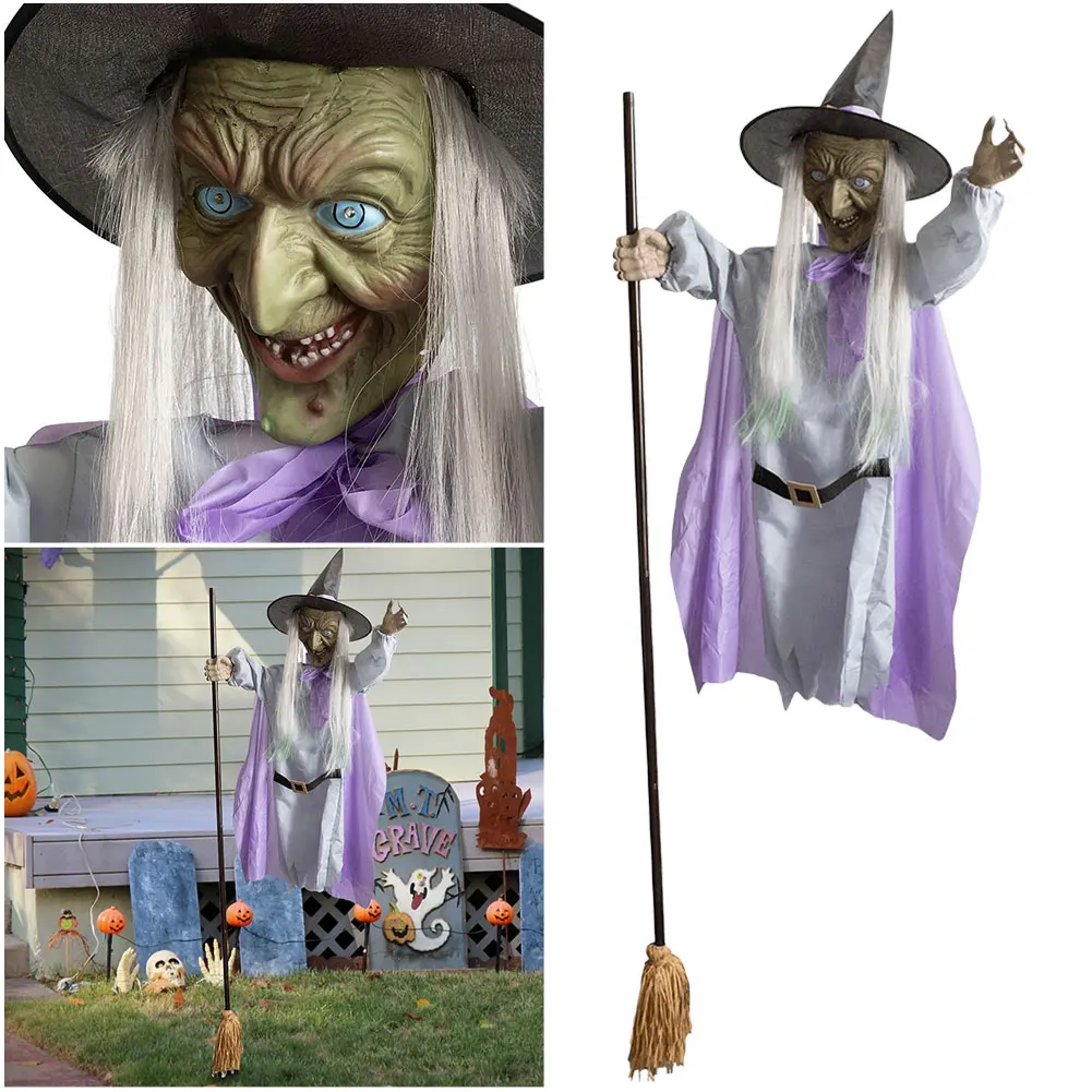 

Large Hovering Witch Prop with Glowing Eyes Flying Witch Decoration with Scary Sounds & Lights Halloween Flying Witch Broom Prop