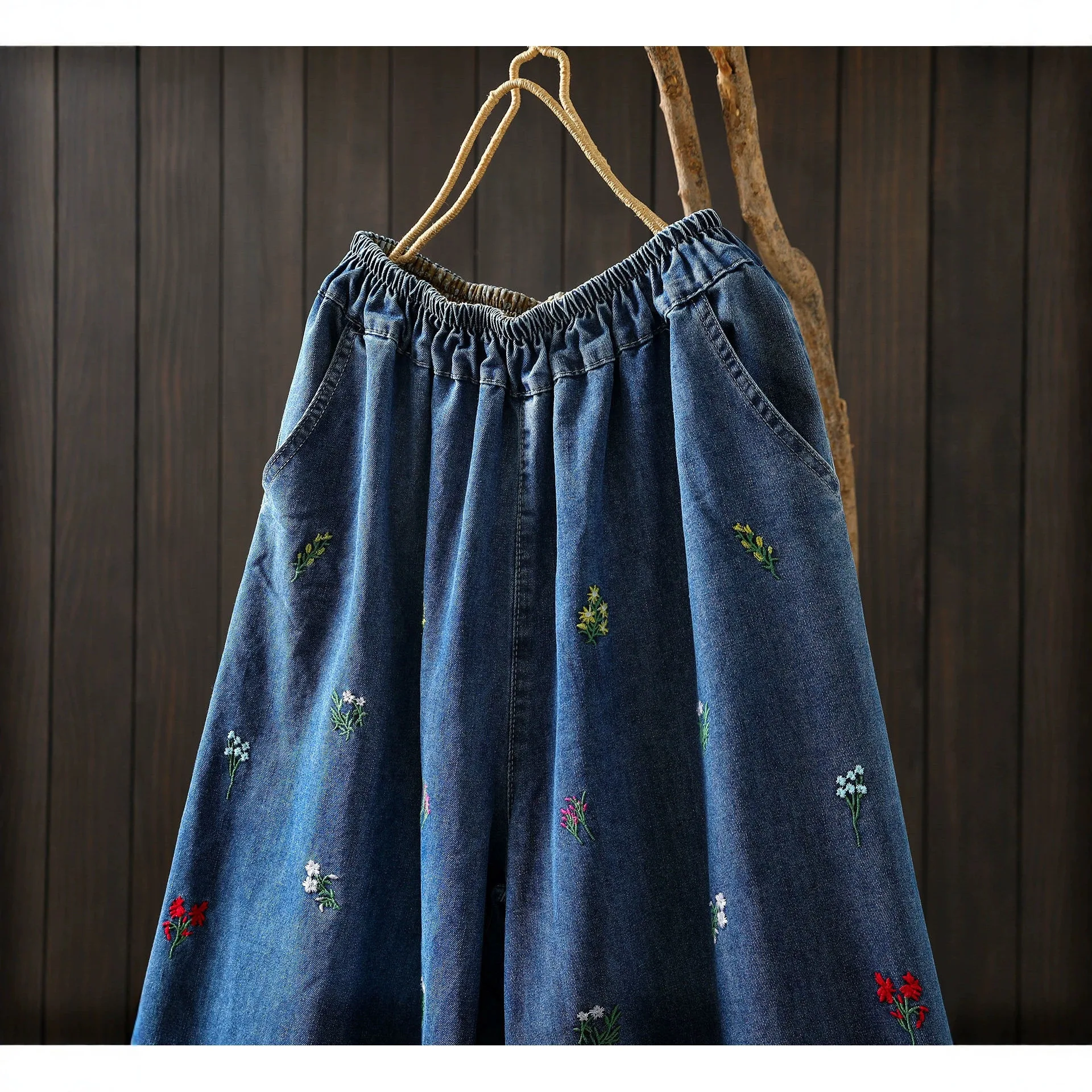 Women Summer New Sweet Mori Girl Floral Embroidery Denim Wide Leg Pants High Elastic Waist Casual Loose Straight Jeans
