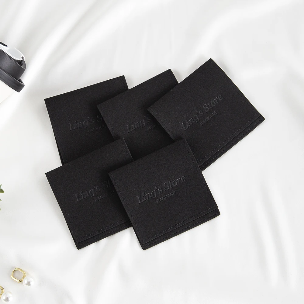 100Pcs Black Custom Logo Microfiber Velvet Jewelry Bag Personalized Envelope Flap Suede Pouch Wedding Favors Earrings Organizer