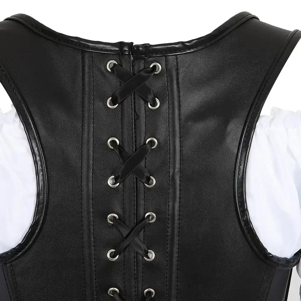 Leather Pirate Corset Steampunk Vintage Corsets Zip Bustier Sexy Skirt White Blouse Set Gothic Carnival Costumes