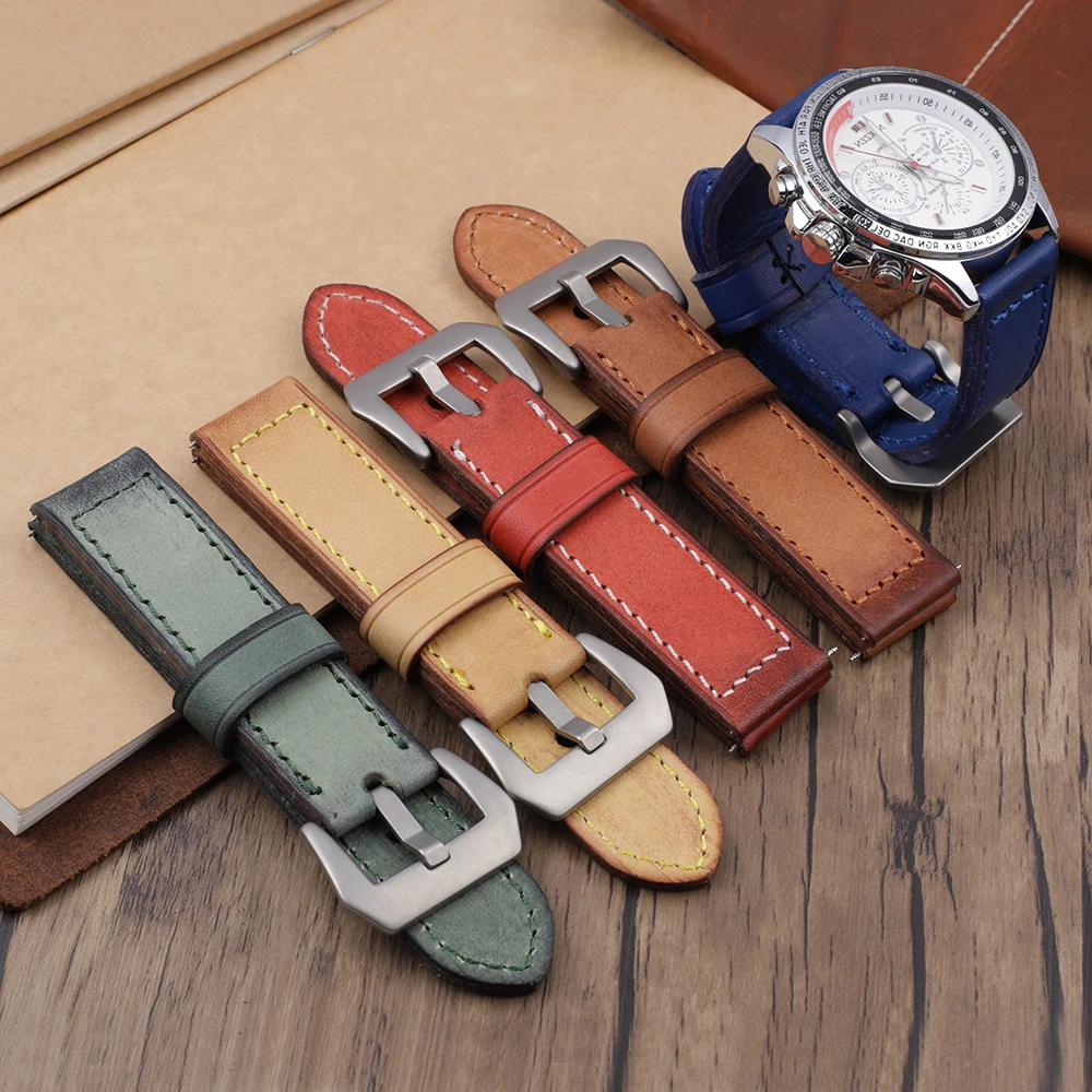 Handmade Watchband 20mm 22mm 24mm Green Red Blue Brown Vintage Leather For Panerai Watch Strap Band Replacement