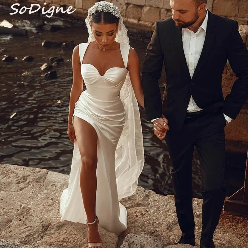 

SoDigne Mermaid Satin Wedding Dress Sweetheart Sleeveless Bridal Gown Split Long Bride Dresses vestidos de novia Customized ﻿