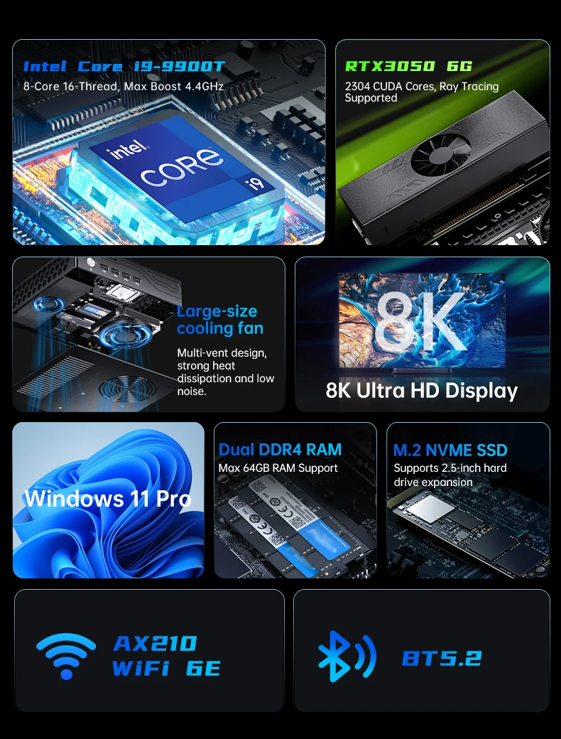 MSECORE MV9 Mini Gaming PC Intel Core I9-9900T RTX3050 6G Discrete Graphics DDR4 NVMe SSD WiFi5 BT5.0 HDMI DP Type-C 4K ESports