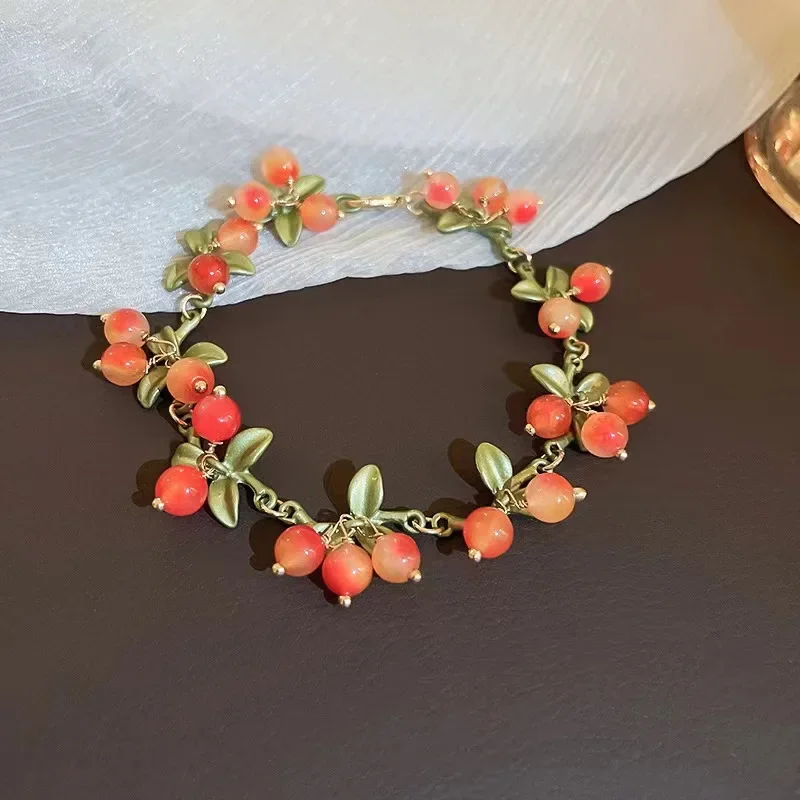 Birthday Jewelry Gift Sweet Orange Beaded Plant Leaves Bracelet Fruit Peach Red Cherry Bracelet Charm for Women Party