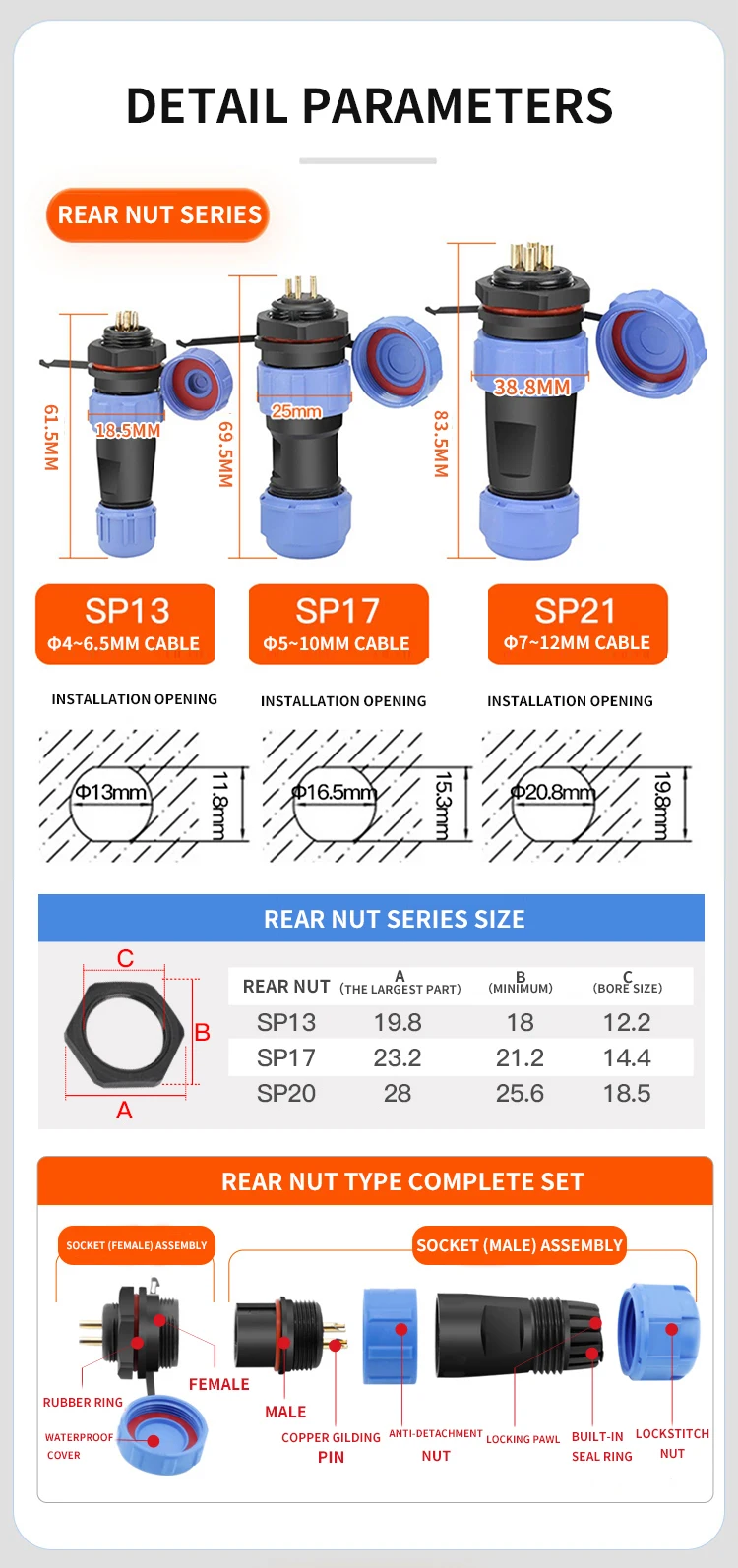 SP13 SP16 SP17 SP20 SP21 2PIN-12PIN Panel Mount Waterproof Aviation Connectors Plug Socket IP68, Electrical Cable Wire Connector