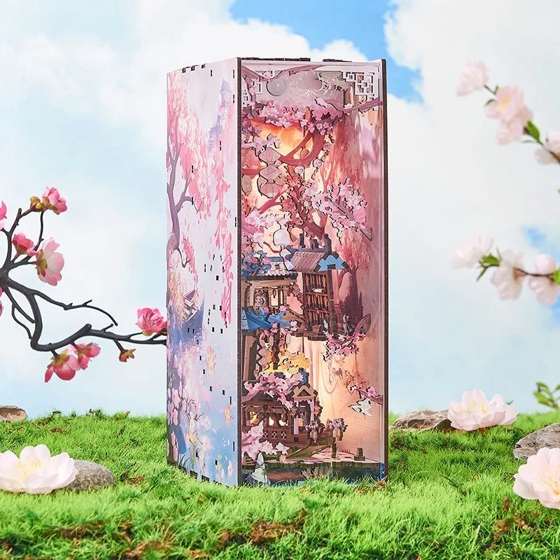 

DIY Wooden Book Nook Shelf Insert Kit Spring Cherry Blossom Bookend Miniature Model Kits Bookshelf for Friends Birthday Gifts
