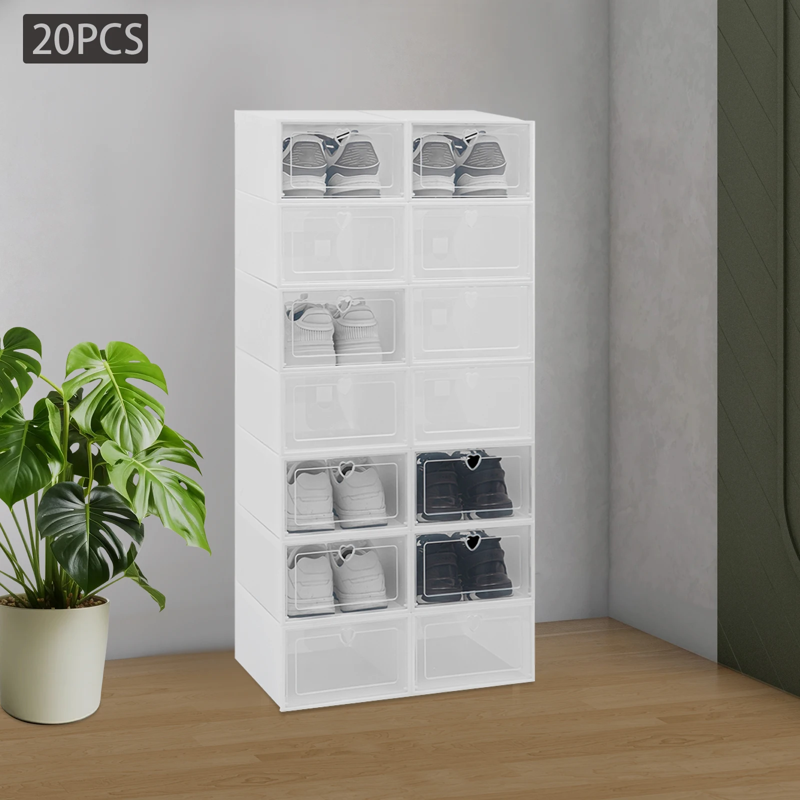 20 Stück stapelbare Schuhkartons mit Deckel, transparente hochklappbare Tür, Herzgriff, Schrank-Organizer, Aufbewahrung für Schuhe
