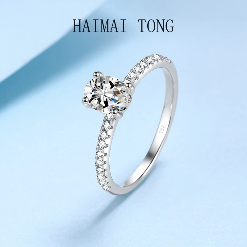 Designer Jewelry 18K White Gold VVS1 D Color 1/2CT Moissanite Diamond Elliptic Shaped Lovers Daily Rings for Wedding Band Female