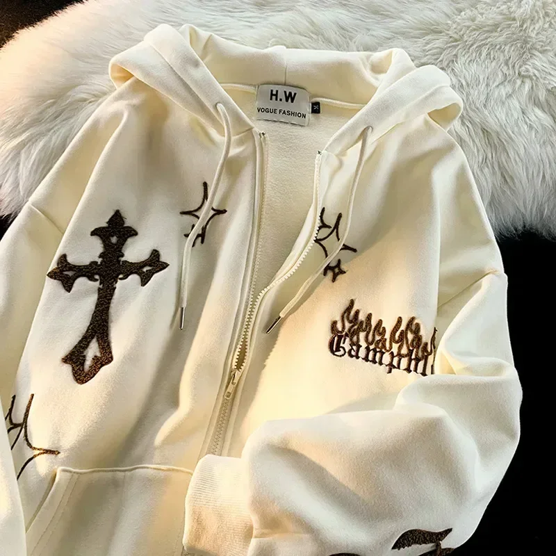 Sudadera con bordado Harajuku para mujer, sudaderas con cremallera de gran tamaño, ropa de calle gótica de Hip Hop con capucha, Sudadera con capucha