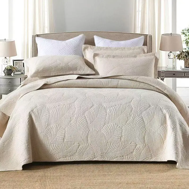 Pure Cotton Bedspread Quilted Bed Cover Queen King Size Quilt Palm Leaf Embroidery Blanket Solid Color Coverlet Non-slip Sheet