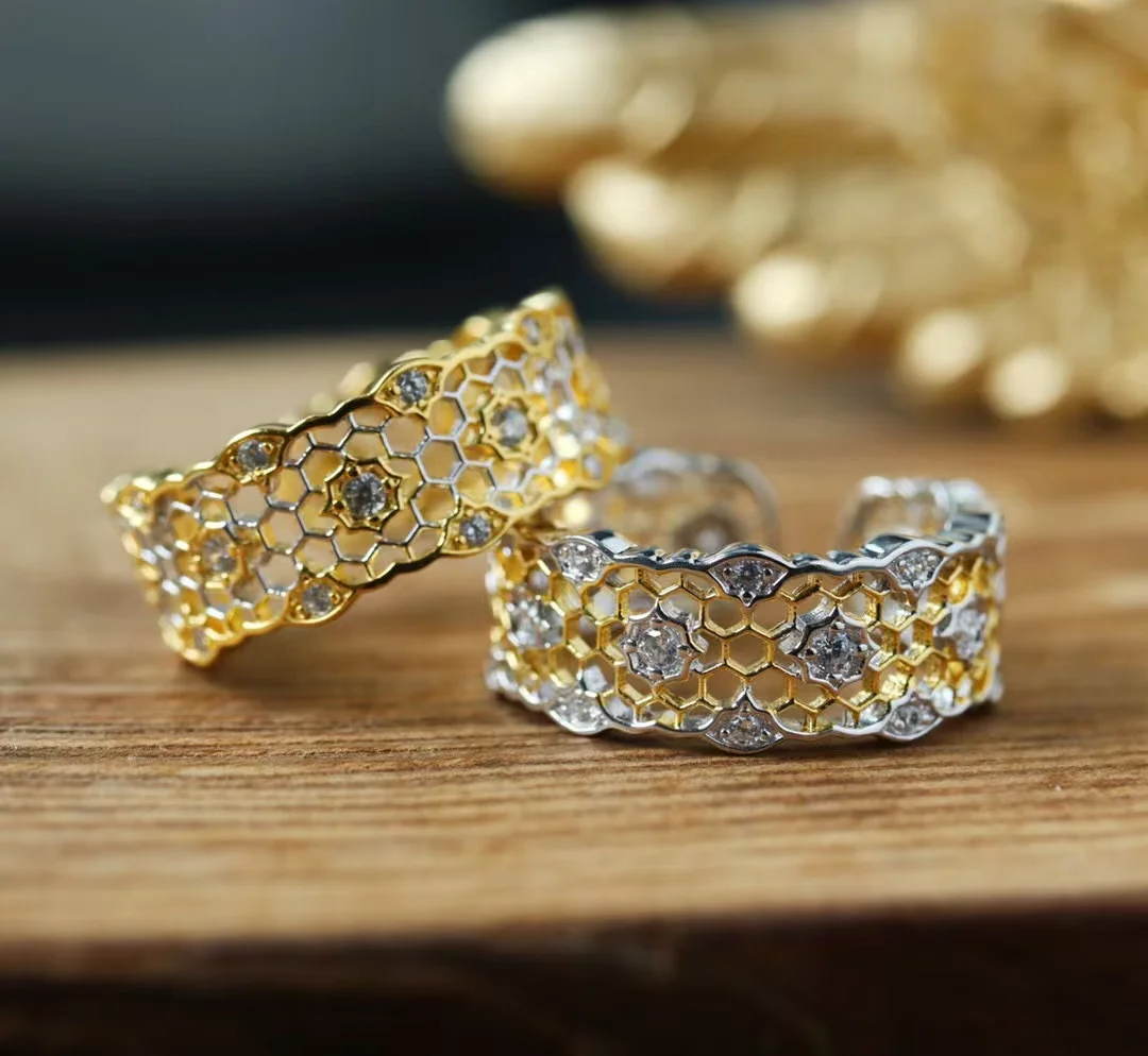 Vintage Chic Unisex 925 Silver Tulle Craft Lace Ring Black Gold Honeycomb Open Finger Bands For Women Men High-end Male Jewelry
