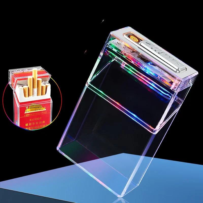 Cigarette Case and Lighter in One, 20 Standard Cigarette Case with USB Cigarette Lighter, Transparent Cigarette Case with Flash