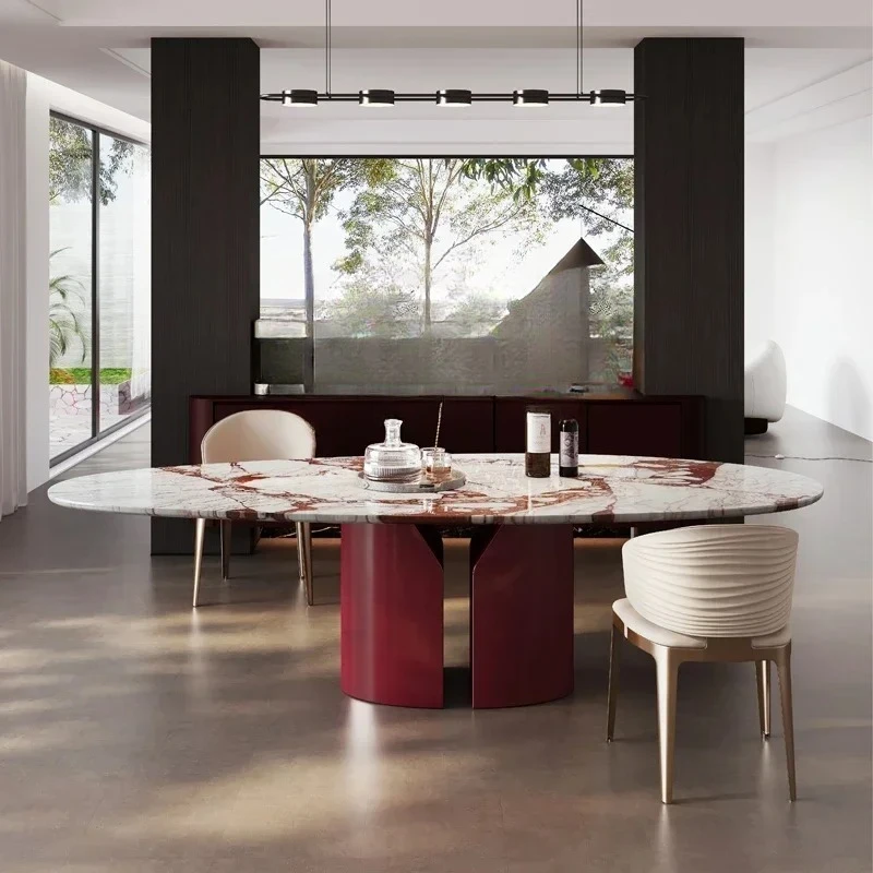 

200302 Imported natural marble dining table Water drop-shaped oval light luxury high-end red luxury stone dining table