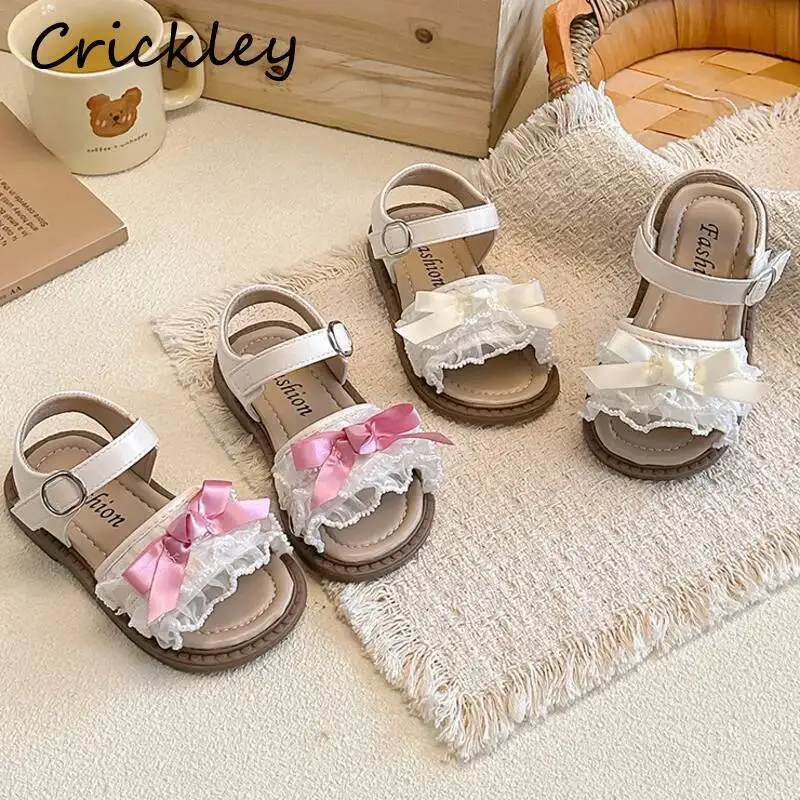 Bow Lace Girls Sandals 2026 Summer PU Soft Sole Children Princess Shoes Fashion Hook Loop Non Slip Kids Flats Sandals