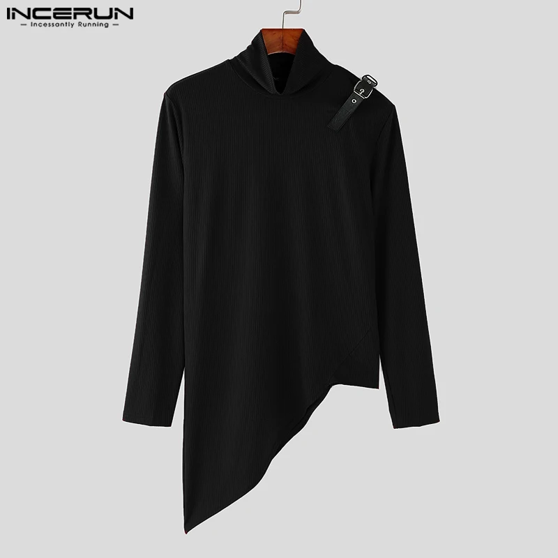 INCERUN Tops 2024 American Style Fashion Men Solid Simple High Neck Texture T-shirt Casual Streetwear Male Long Sleeved Camiseta