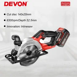 Devon 5835 Cordless Circular Saw Brushless Cutting Disc 140x20mm 52.5mm Adjustable for Woodworking Universal 20v Flex Battery