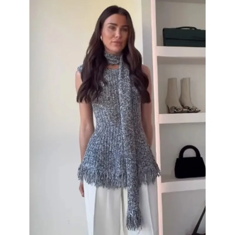 

2025 autumn new tassel edge decoration sleeveless knitted vest casual top for women